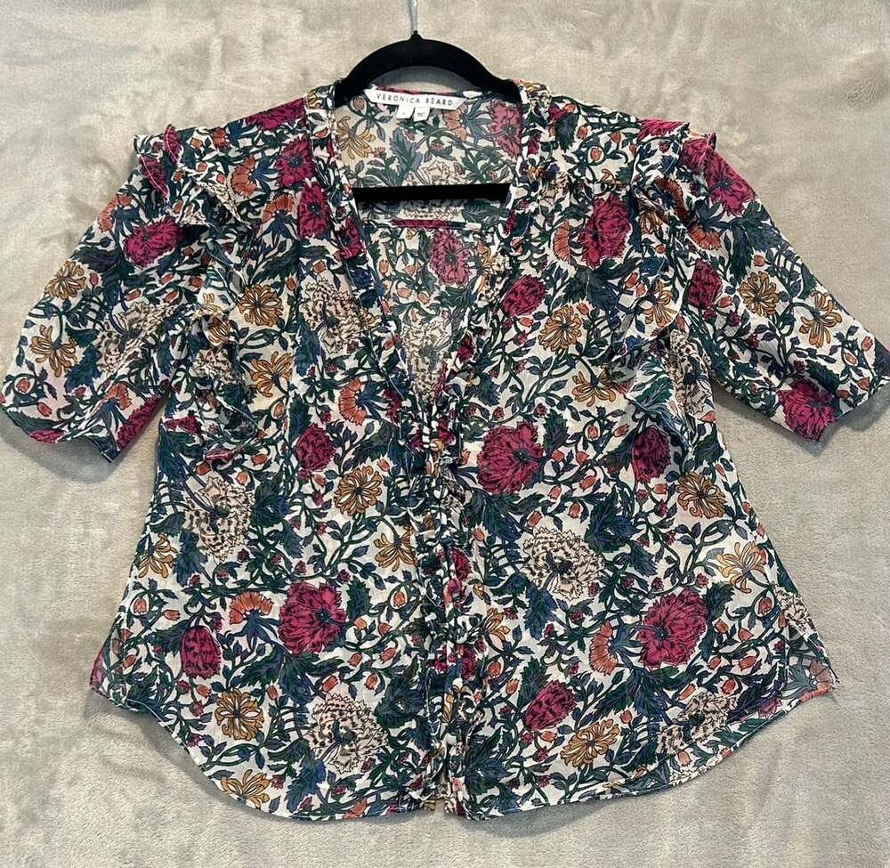 Veronica Beard Silk Floral Blouse Size 8 Multicolor Ruffled Short Sleeve